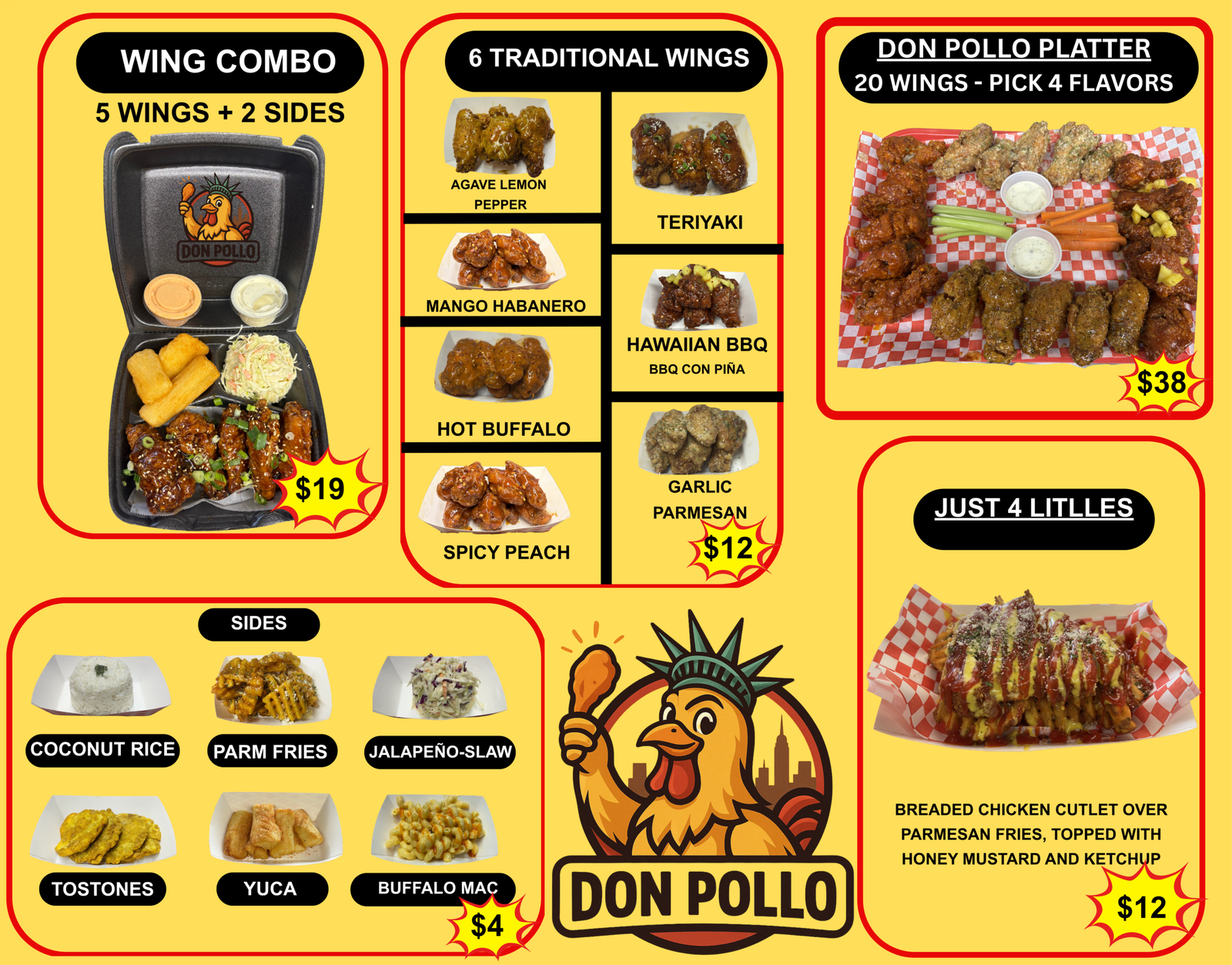 Don Pollo food truck menu featuring wing combos with two sides, traditional chicken wings in six flavors, a 20-wing platter with four flavor choices, sides including coconut rice, parmesan fries, jalapeño slaw, tostones, yuca, and buffalo mac, plus a breaded chicken cutlet over parmesan fries topped with honey mustard and ketchup.